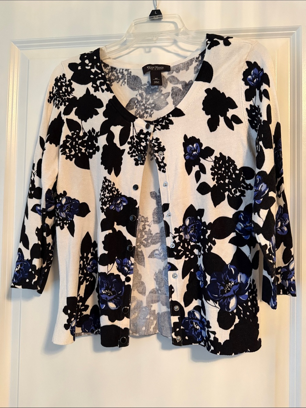 White House Black Market White Top with Black Floral Pattern